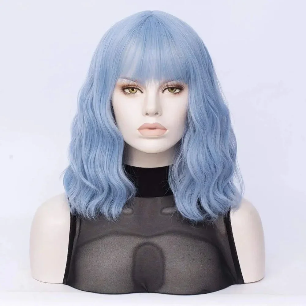 Light Blue Wavy Hair Wig with Bang